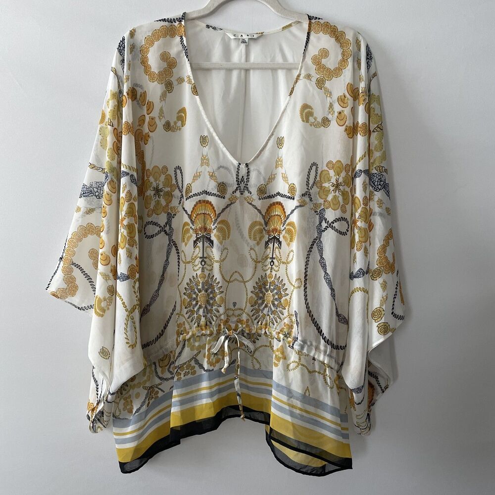 CAbi Kimono Blouse V-Neck Batwing Sheer Nautical Print Ivory Size XL-(dp)